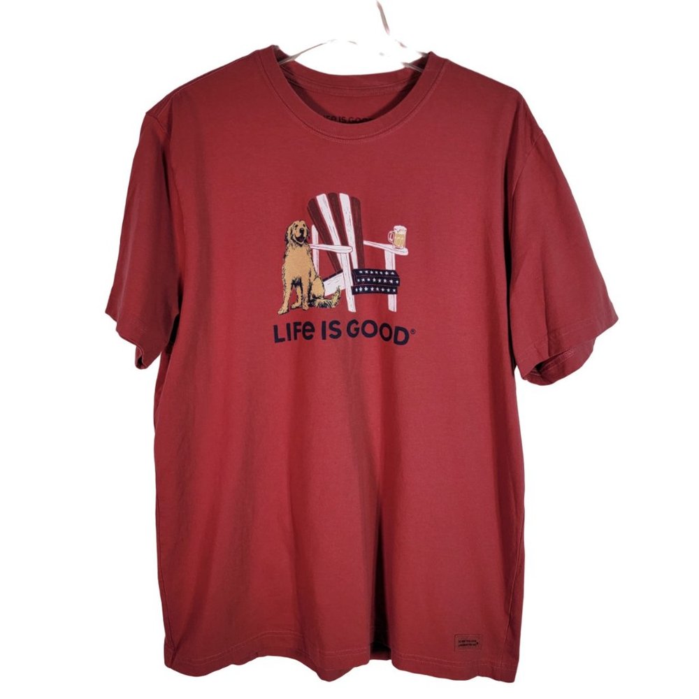 Life‎ Is Good Mens Crusher Tee Large America Beer Dog Crew Neck Red